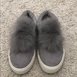 Grey furry slip ons